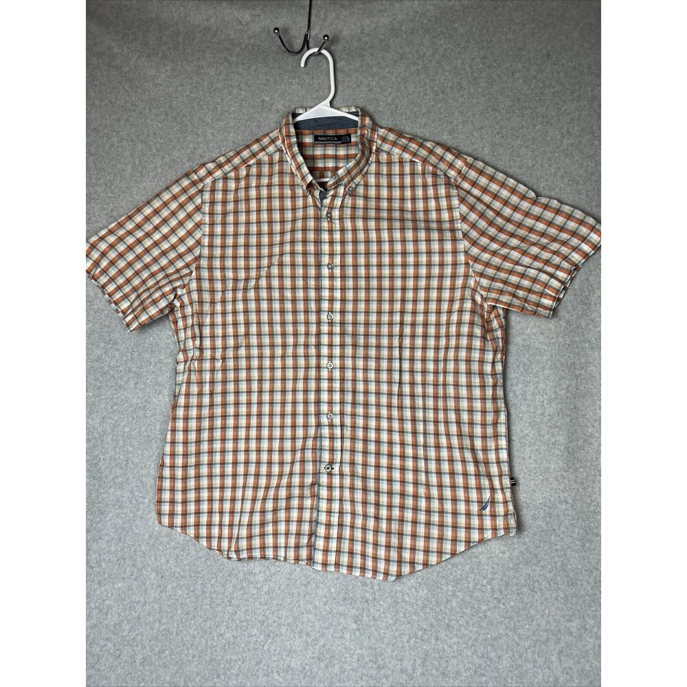 Nautica Shirt Adult XL Orange Blue Sailing Cotton Button Up Short Sleeve Mens